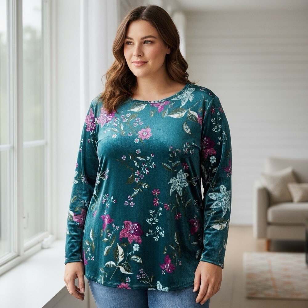 White Stag 2X Teal Blue Floral Velvet Top Long Sleeve Fairy‎ Cottage Whimsical